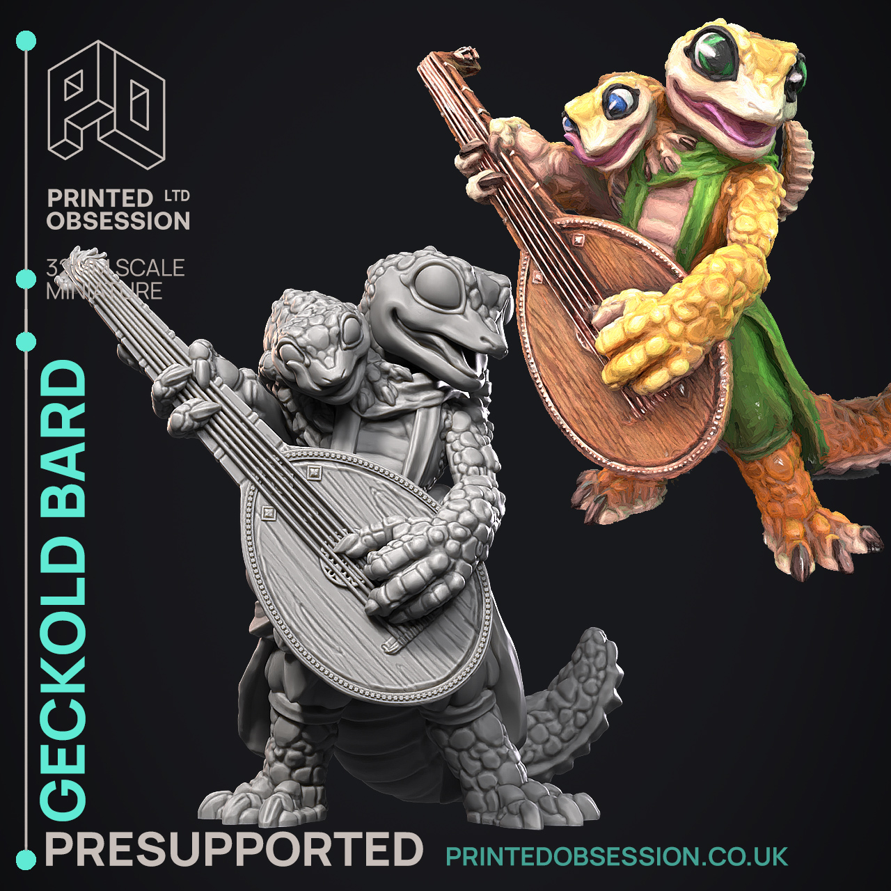 Geckold Bard - Geckolds - PRESUPPORTED - Illustrated and Stats - 32mm scale